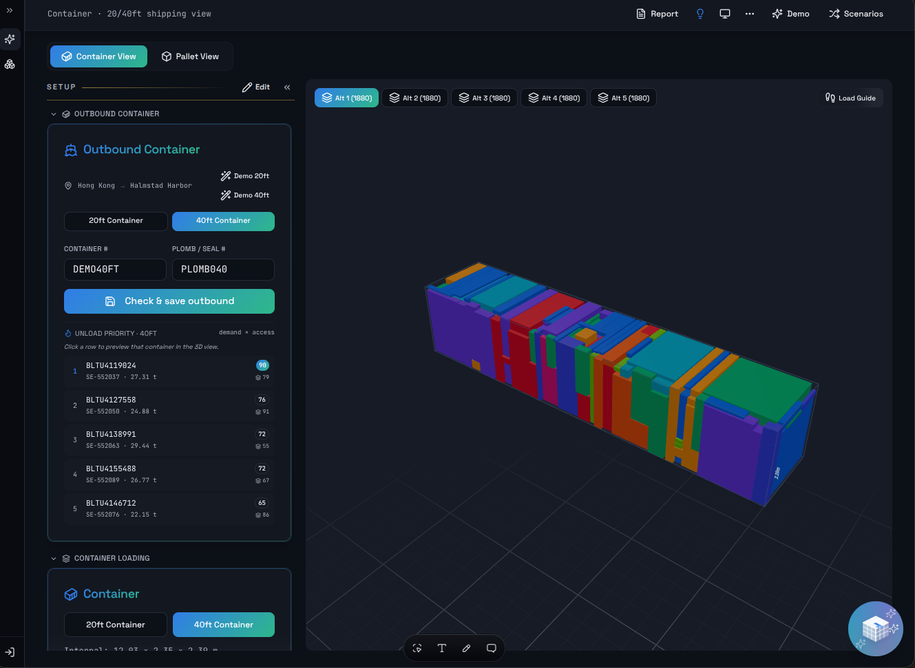 Packalytics container view of a packed 40ft container with five load alternatives