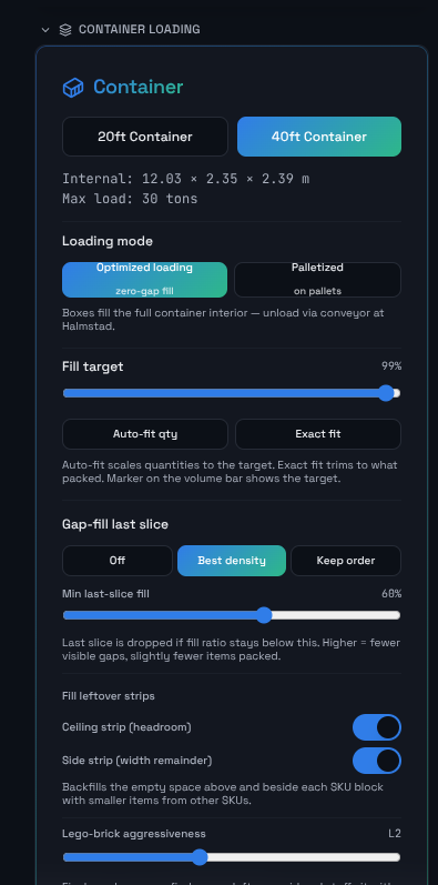 Packalytics container loading controls with fill target and gap-fill settings