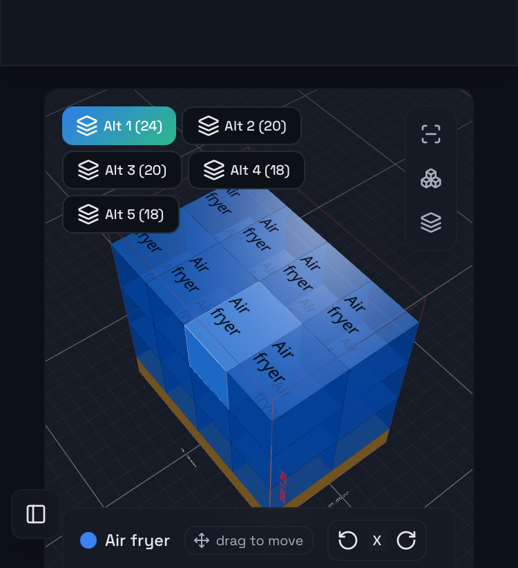 Packalytics 3D pallet load view with stacking alternatives