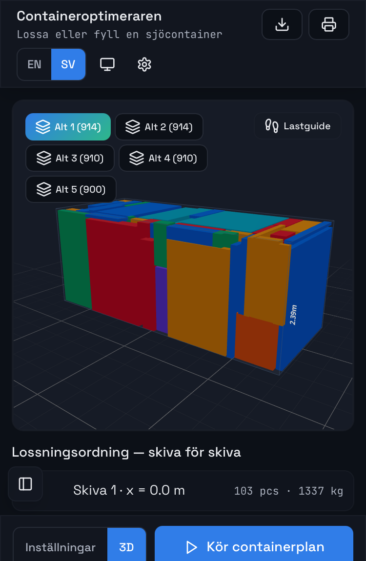 Packalytics container optimizer with a packed sea container and load alternatives